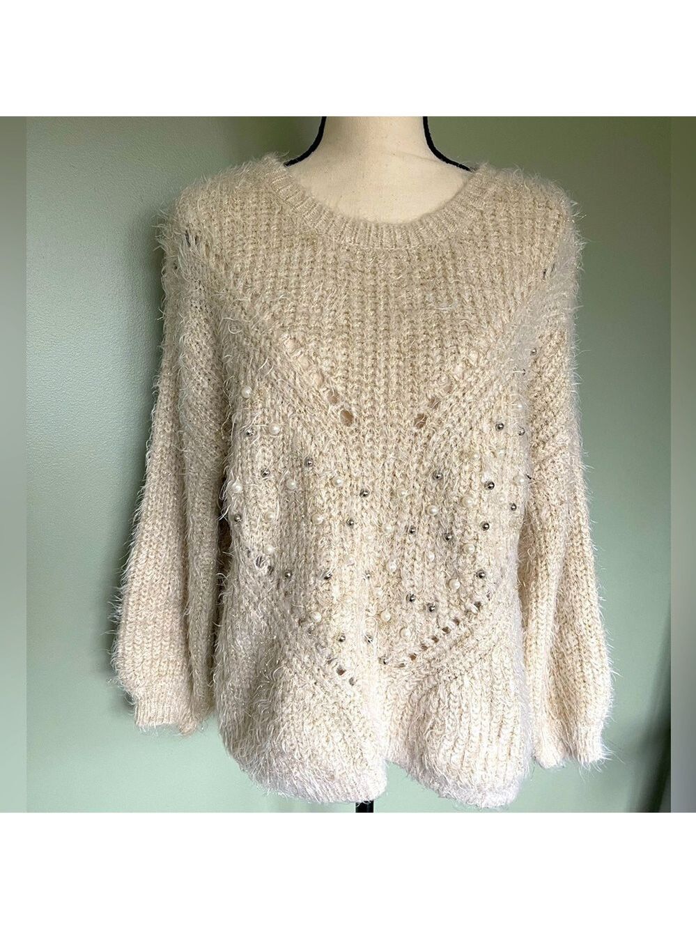 Large Beaded Distressed Knit Tunic Sweater